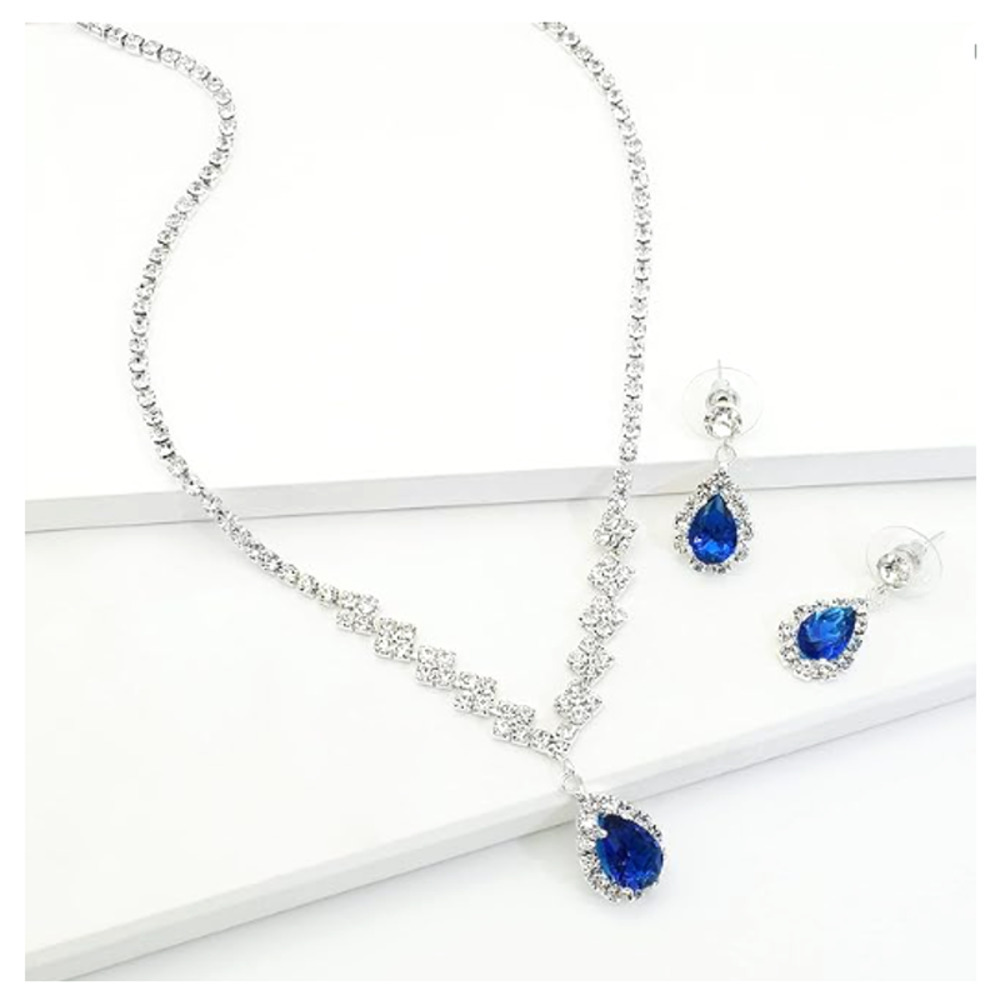 Austrian Crystal Rhinestone Bride Bridesmaid Jewelry Set blue necklace earrings